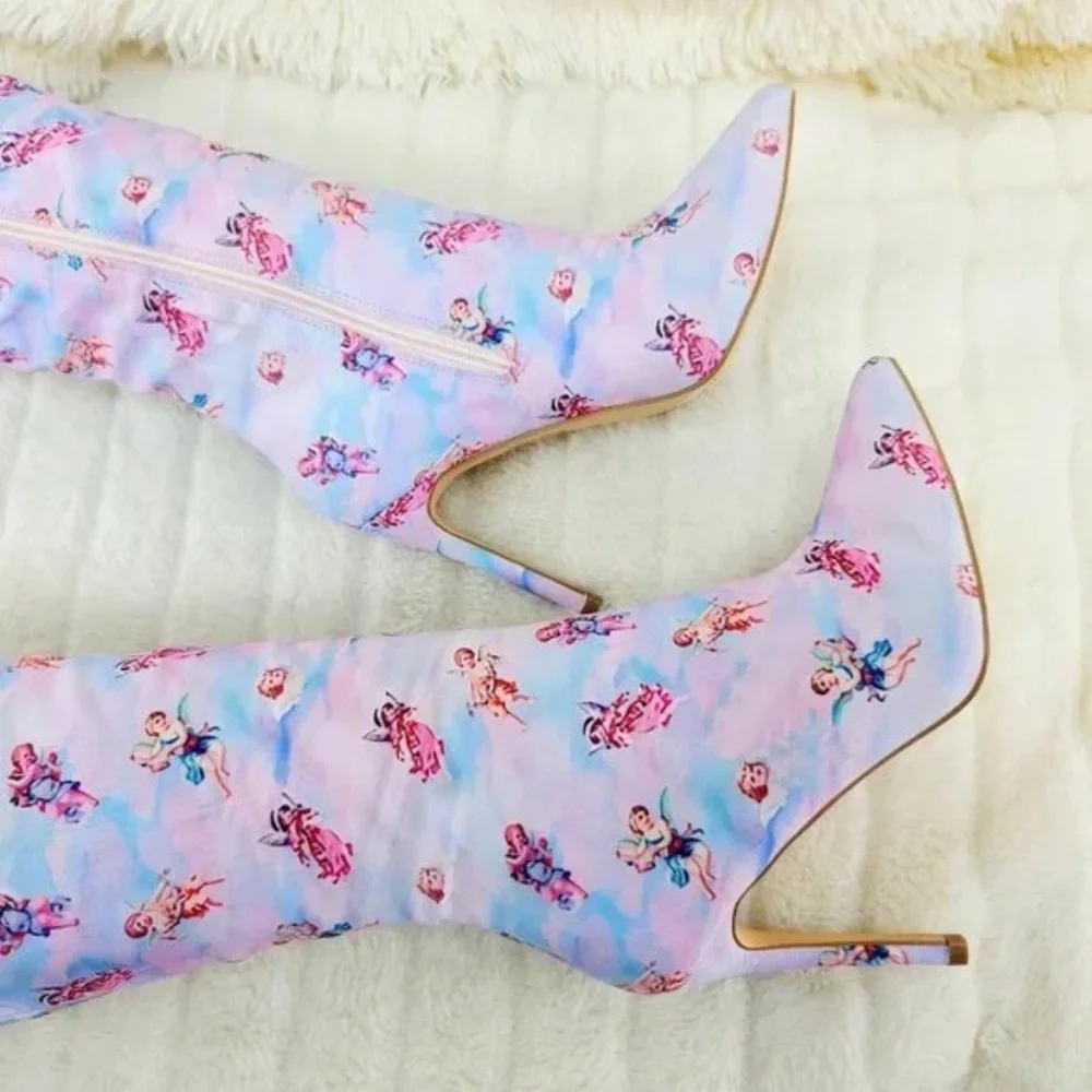 Mata Adorable Cupid Cherub Tie Dye 4.25 " Stiletto Thigh High Boots - Picture 5 of 7